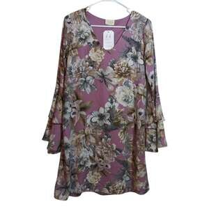 143 Story By Line Up Blush Pink Floral Mini Dress V Neck Flare Sleeve Size Small